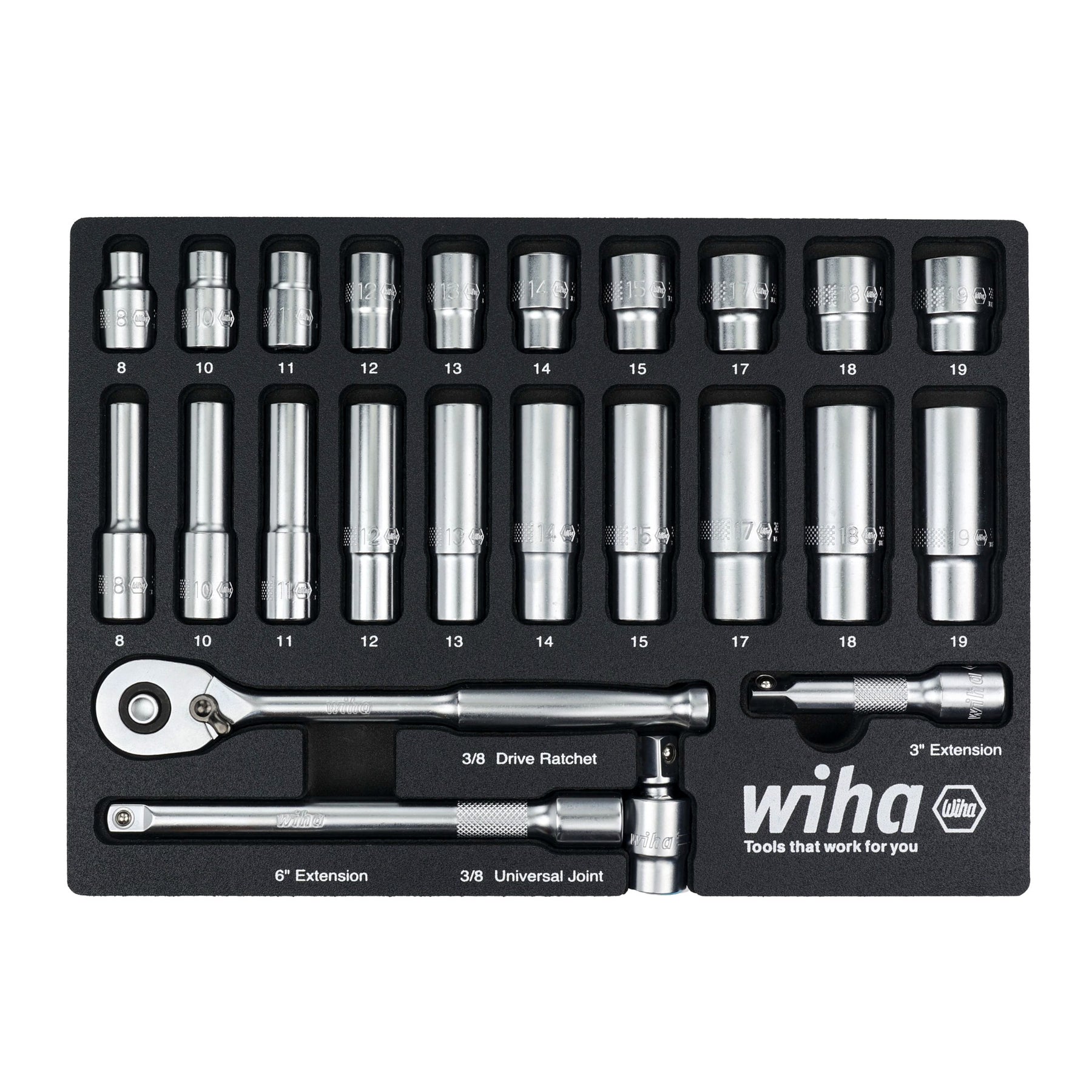 24 Piece 3/8" Drive Professional Standard and Deep Socket Tray Set - Metric