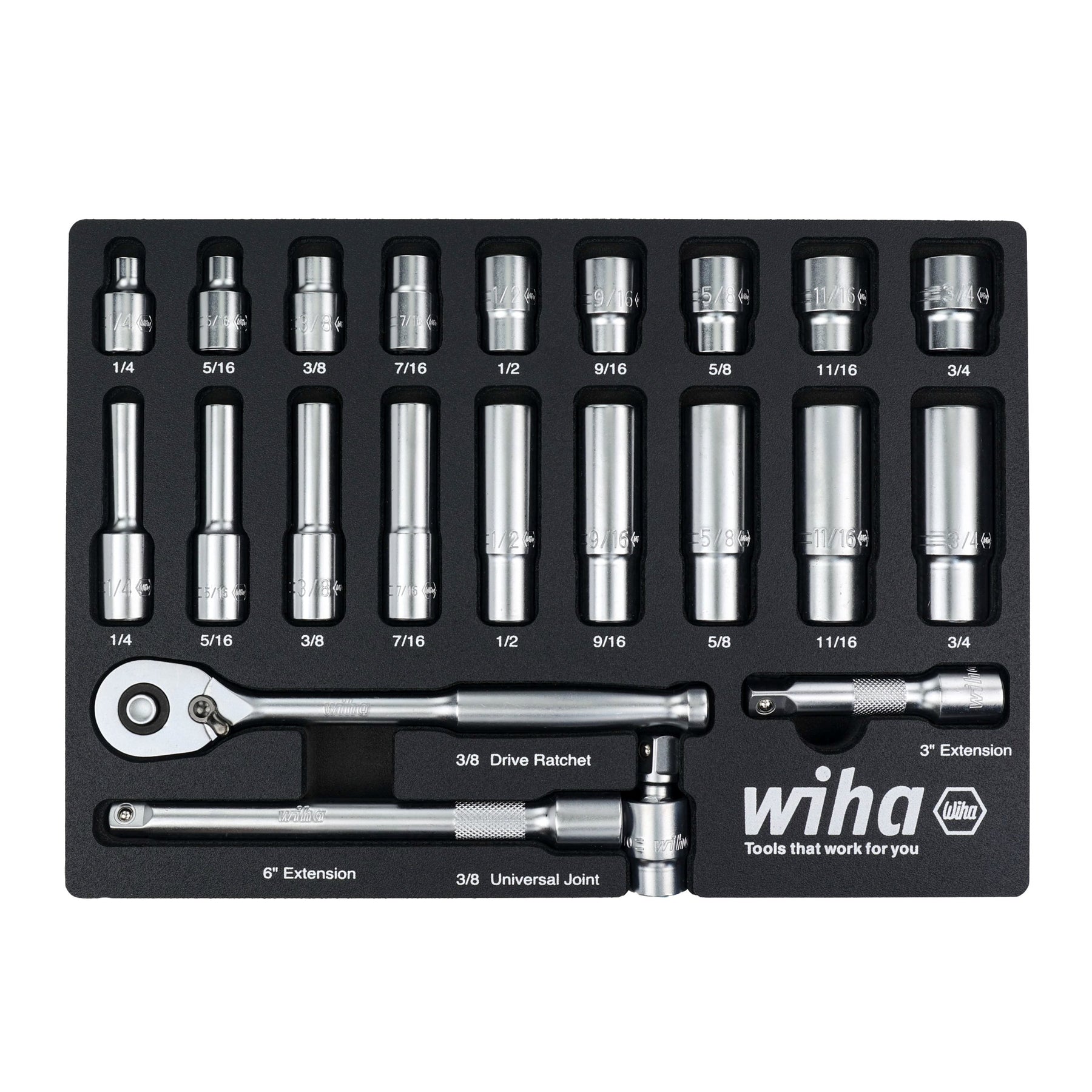 22 Piece 3/8" Drive Professional Standard and Deep Socket Tray Set - SAE