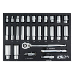 28 Piece 1/2" Drive Professional Standard and Deep Socket Tray Set - SAE